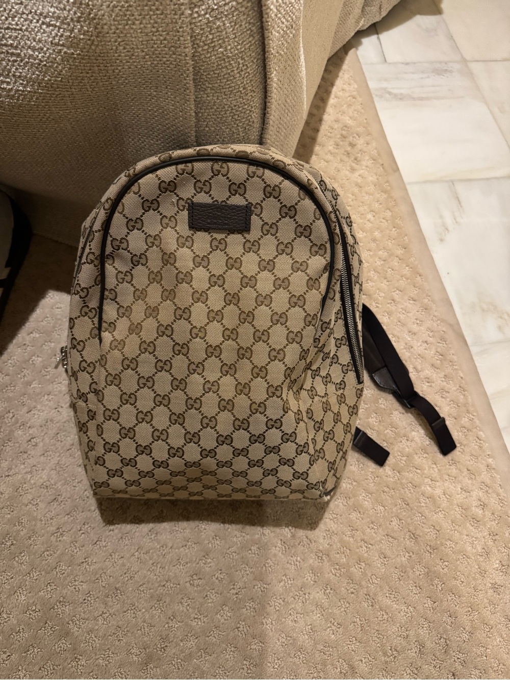 Gucci Beige GG Supreme Canvas Men's Backpack with Dark Brown Accents